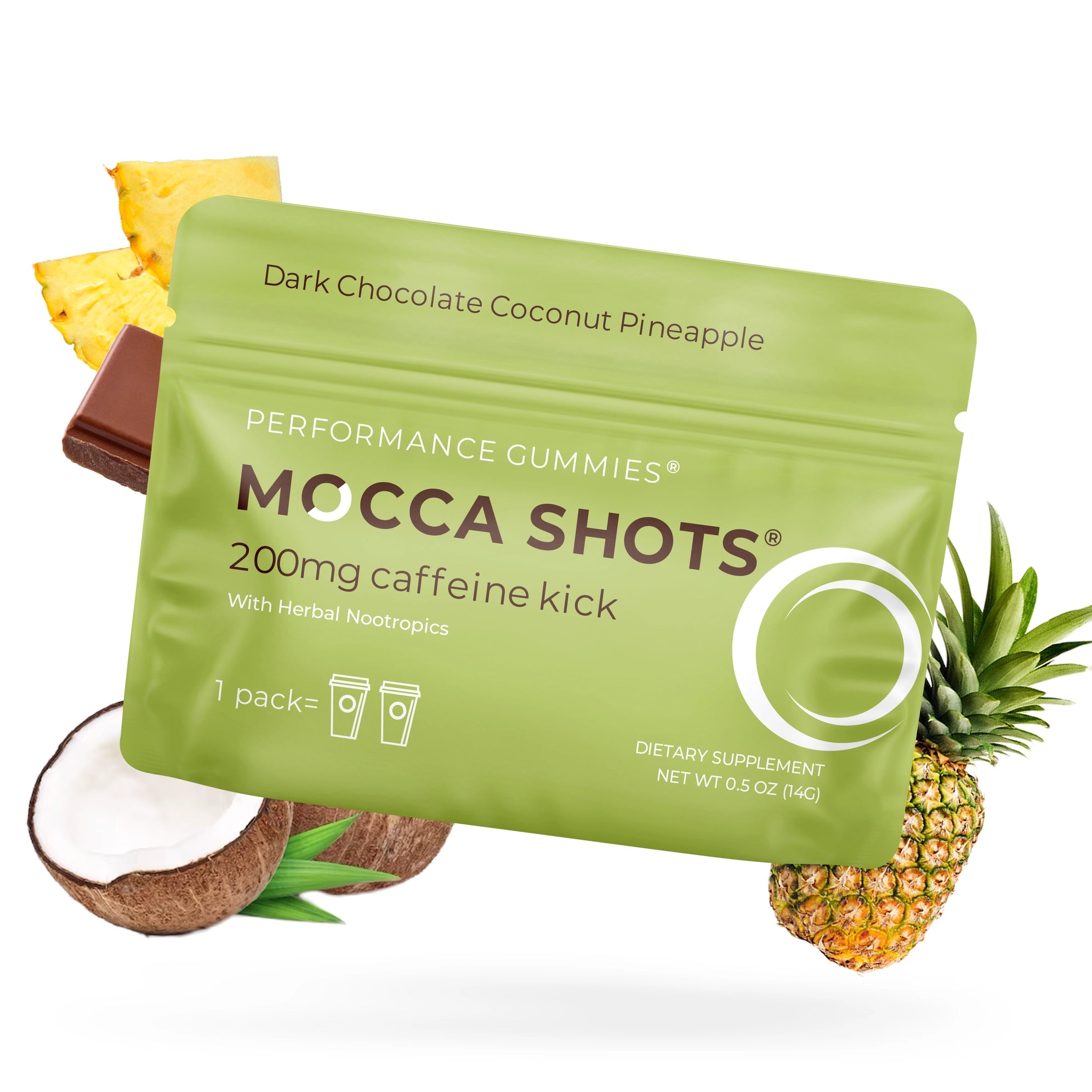 Mocca Shots in Dark Chocolate Coconut Pineapple/Caffeine Gummies |12-Pack by Seattle Gummy Company