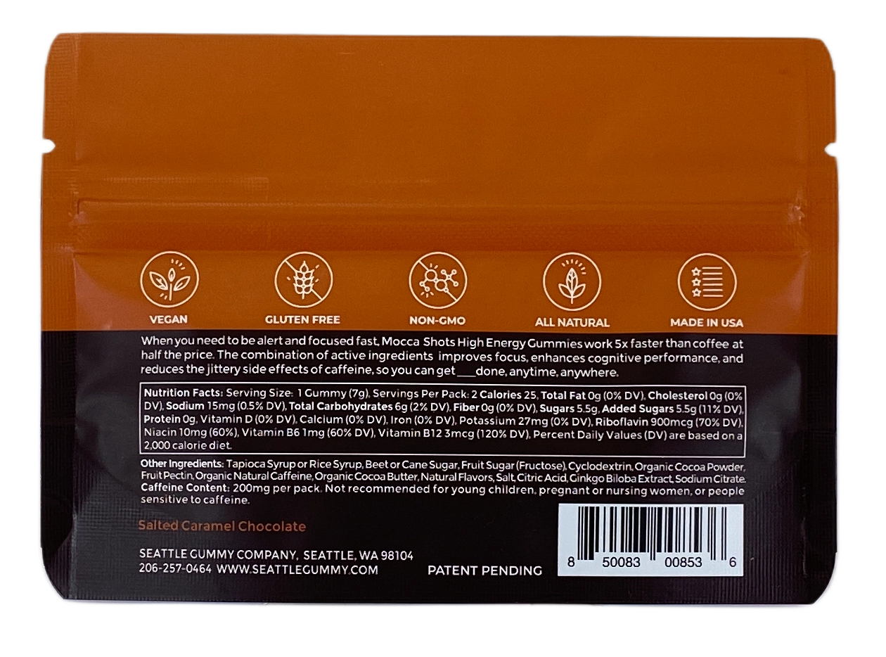 Mocca Shots in Salted Caramel & Chocolate/Caffeine Gummies |12-Pack by Seattle Gummy Company